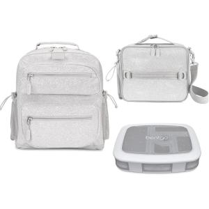 Bentgo® Kids 5-Compartment Lunch Box Set With Insulated Lunch Bag and Lightweight 14” Kids Backpack (Glitter Edition – Silver)