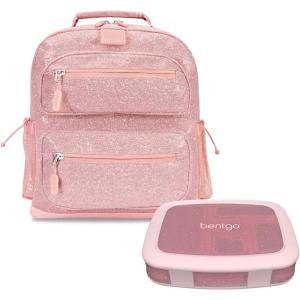 Bentgo® Kids 5-Compartment Lunch Box Set With Lightweight 14” Kids Backpack (Glitter Edition – Petal Pink)