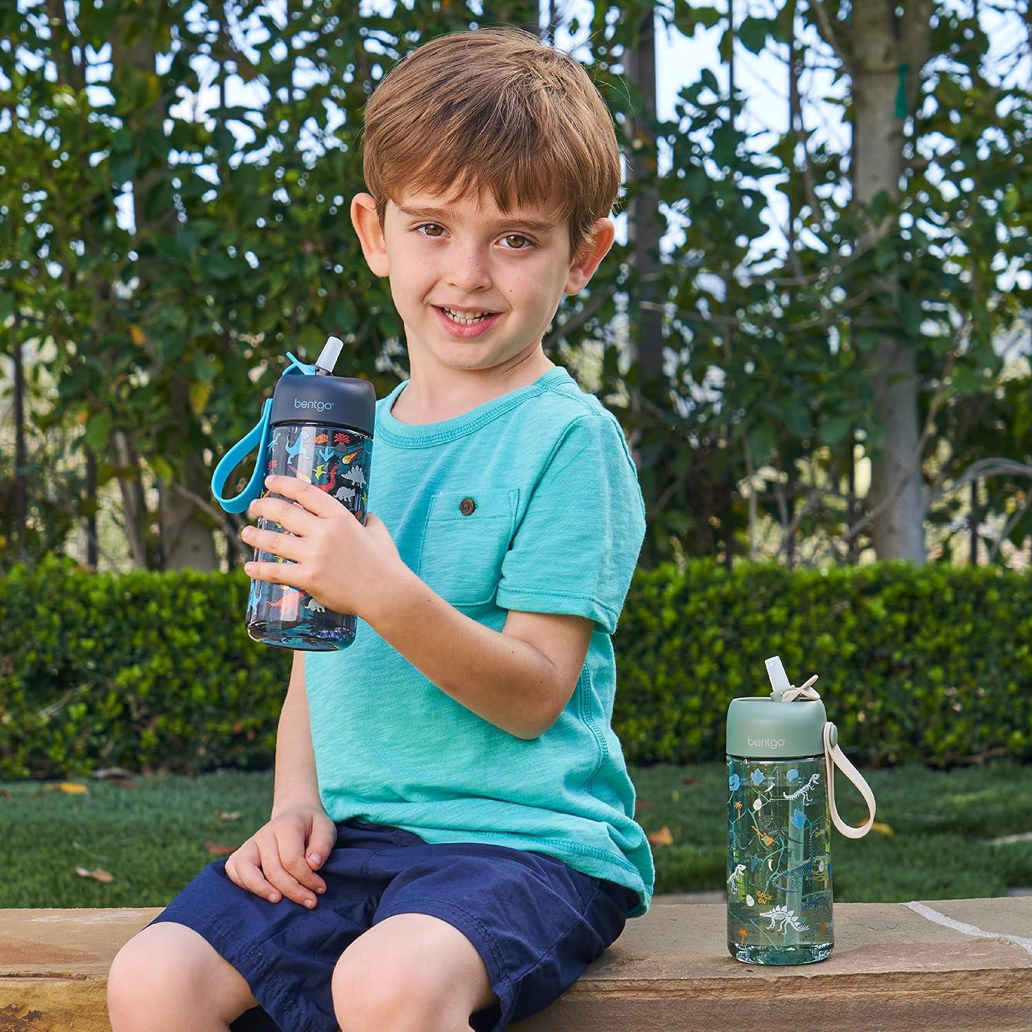 imageBentgo Kids Water Bottle 2Pack New amp Improved 2023 Set With 2Pack of Water Bottle Replacement Straws DinosaurDino Fossils
