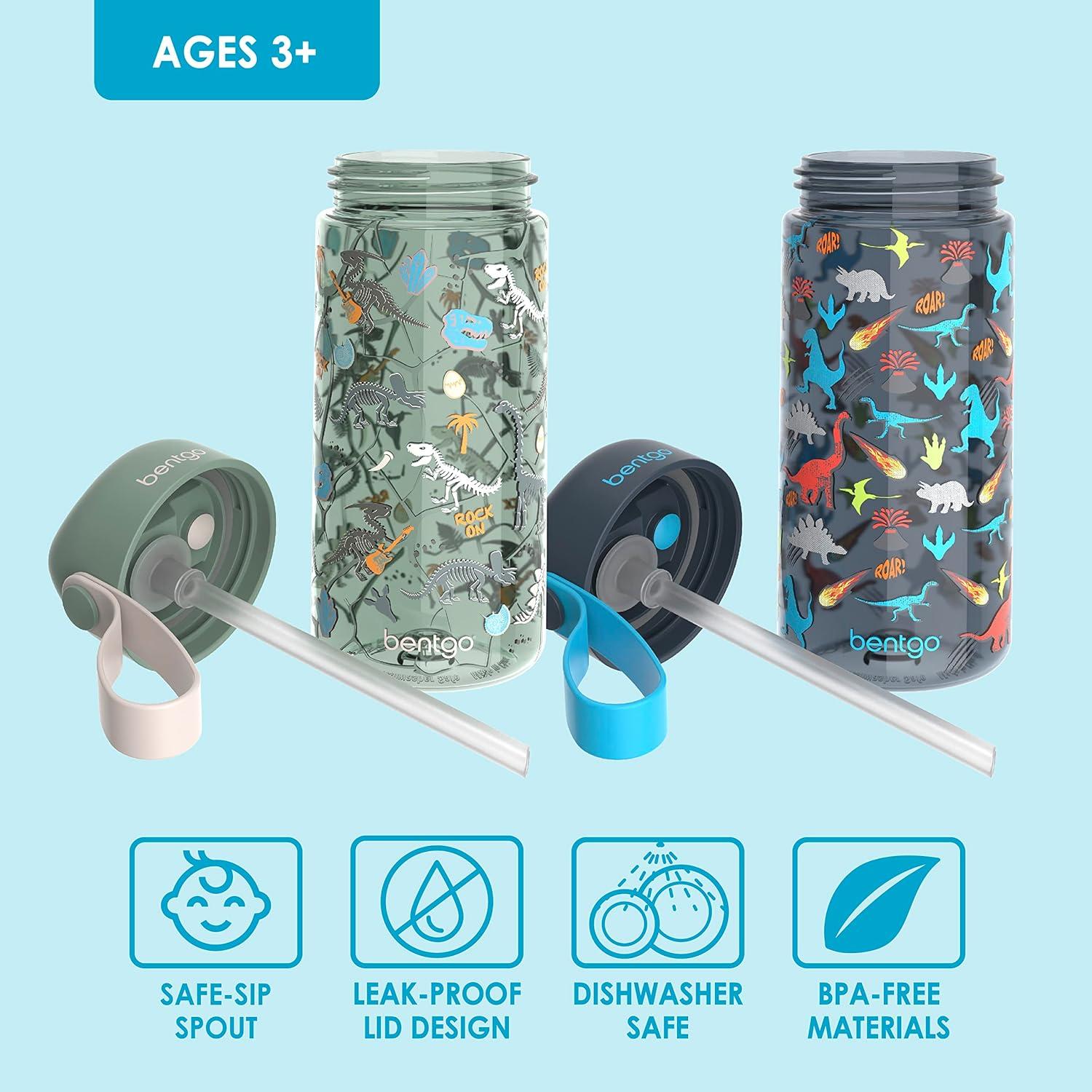 imageBentgo Kids Water Bottle 2Pack New amp Improved 2023 Set With 2Pack of Water Bottle Replacement Straws DinosaurDino Fossils