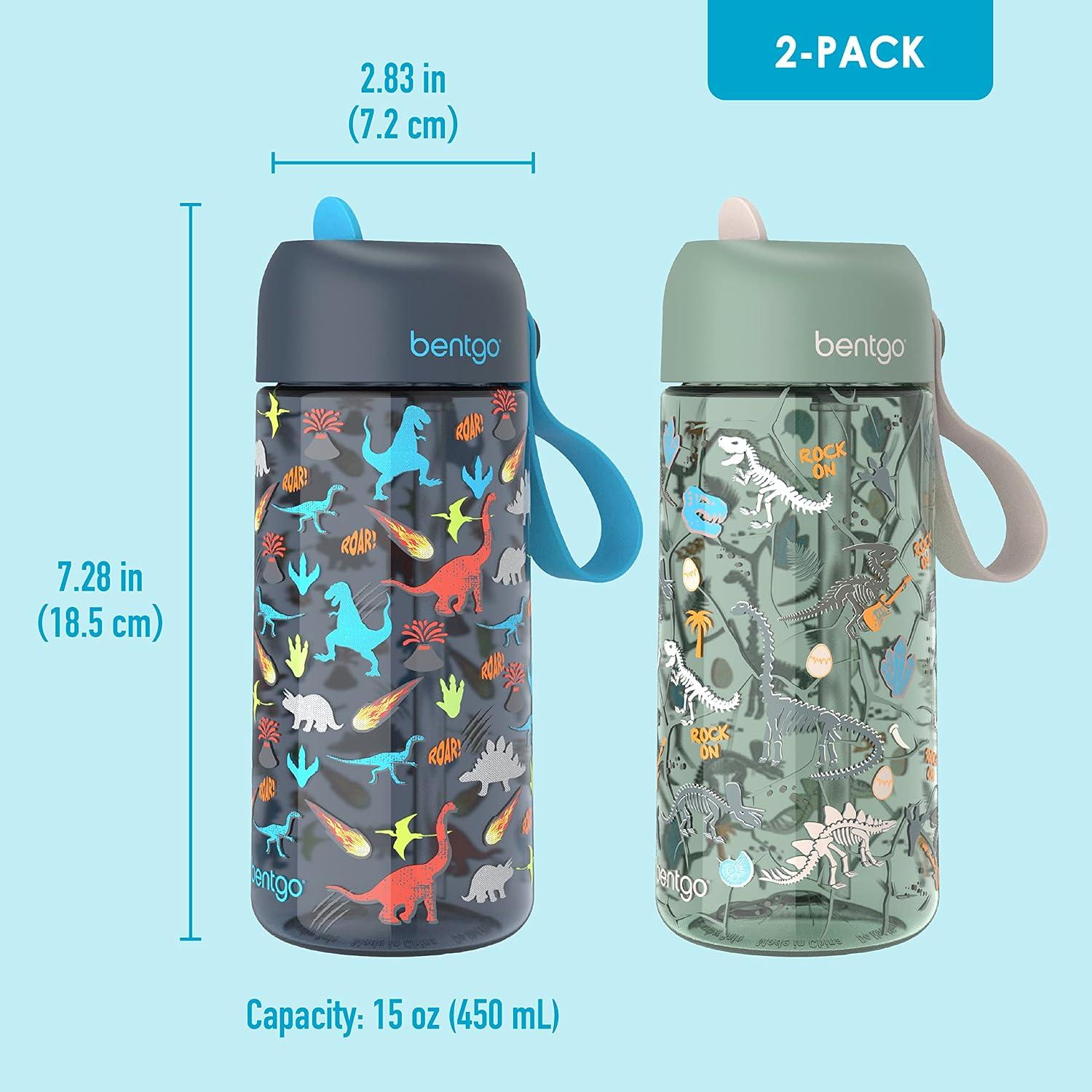 imageBentgo Kids Water Bottle 2Pack New amp Improved 2023 Set With 2Pack of Water Bottle Replacement Straws DinosaurDino Fossils