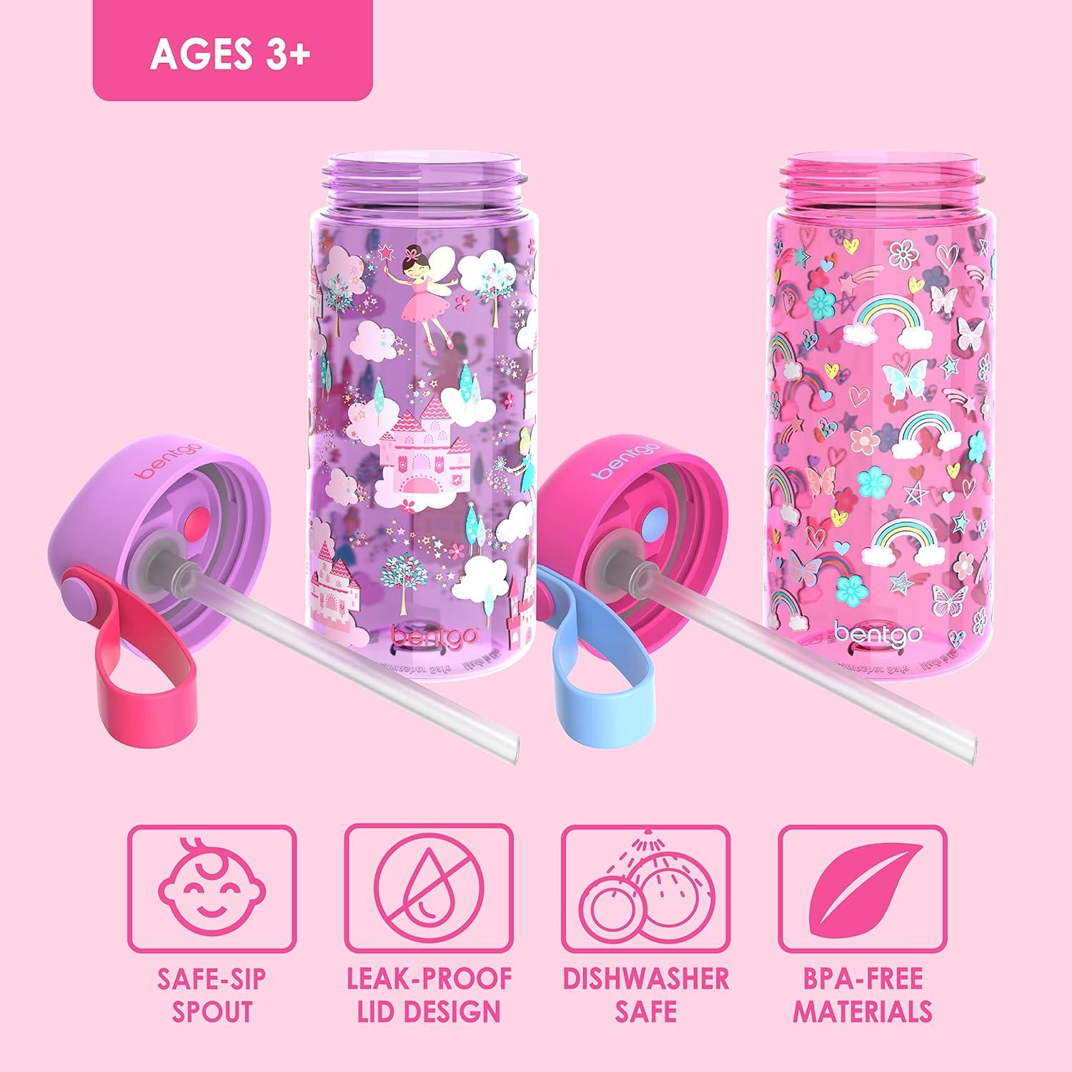 imageBentgo Kids Water Bottle 2Pack New amp Improved 2023 Set With 2Pack of Water Bottle Replacement Straws Rainbows amp ButterfliesFairies