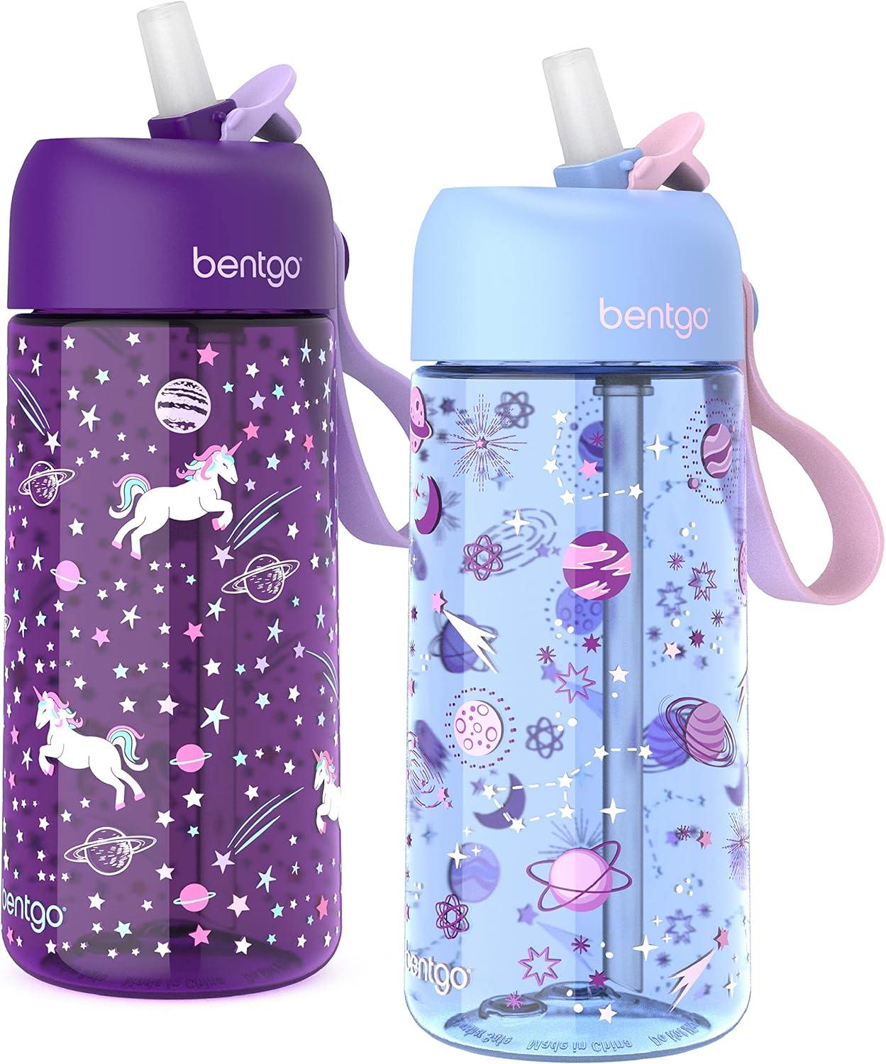 imageBentgo Kids Water Bottle 2Pack New amp Improved 2023 Set With 2Pack of Water Bottle Replacement Straws UnicornLavender Galaxy