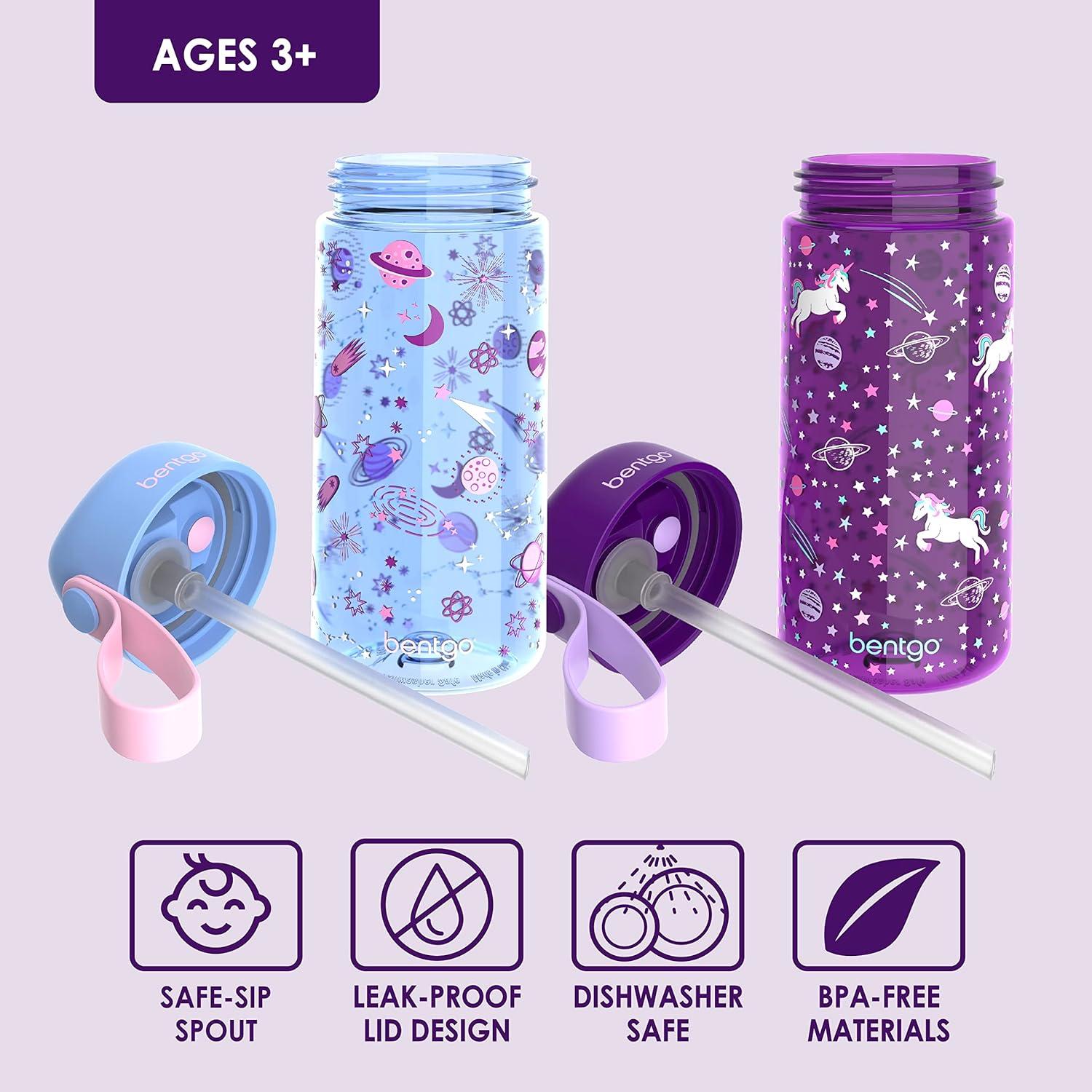 imageBentgo Kids Water Bottle 2Pack New amp Improved 2023 Set With 2Pack of Water Bottle Replacement Straws UnicornLavender Galaxy