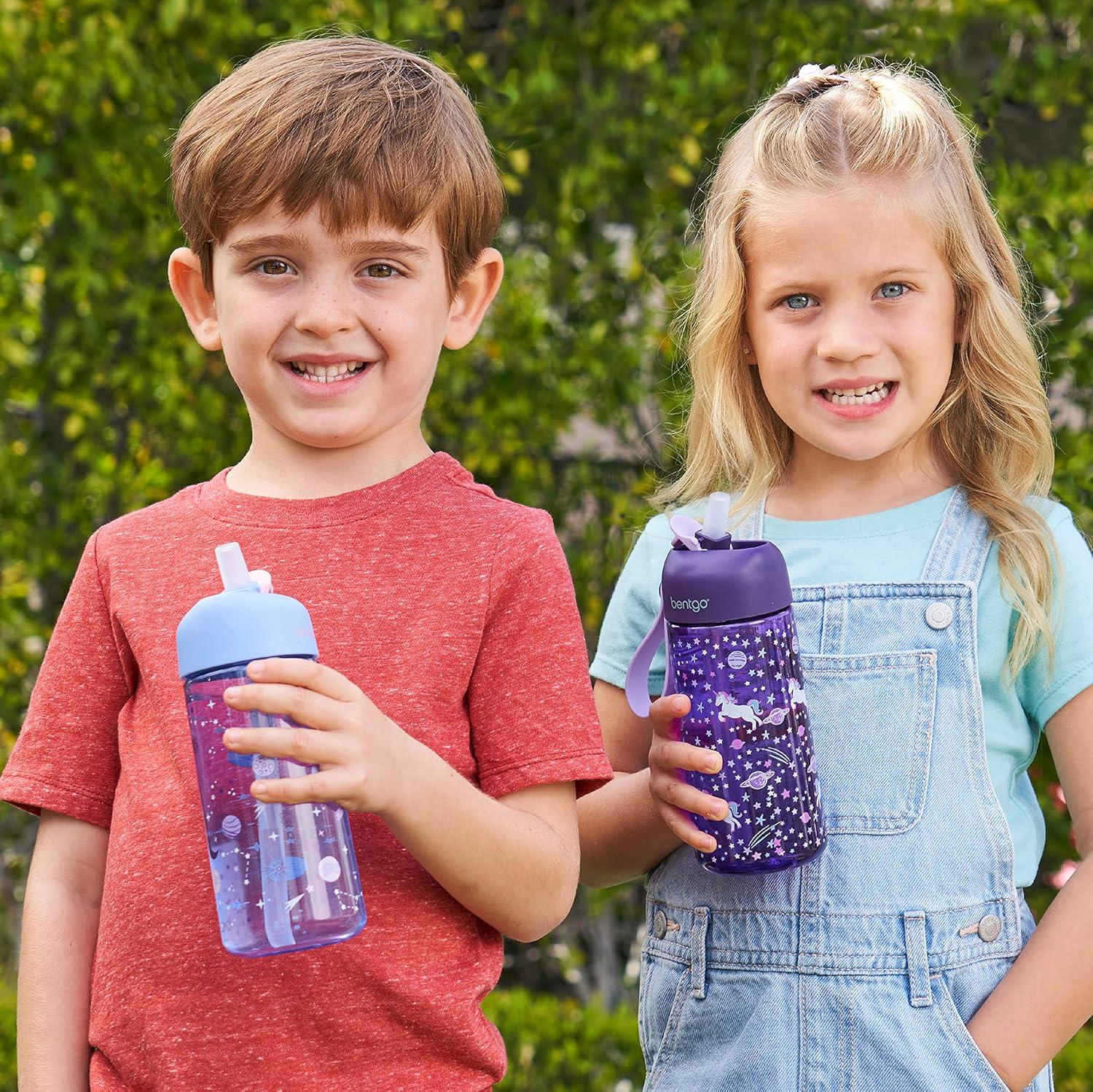imageBentgo Kids Water Bottle 2Pack New amp Improved 2023 Set With 2Pack of Water Bottle Replacement Straws UnicornLavender Galaxy