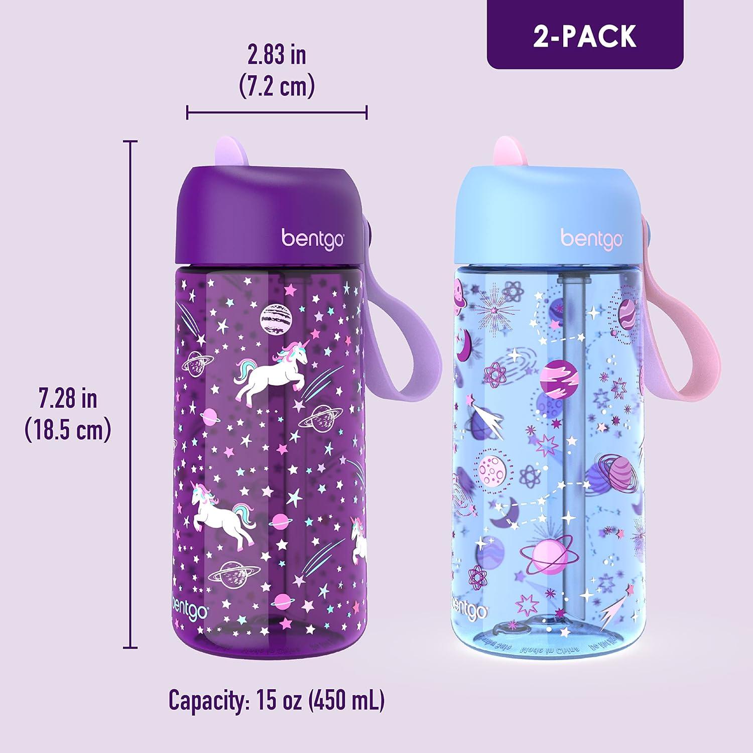 imageBentgo Kids Water Bottle 2Pack New amp Improved 2023 Set With 2Pack of Water Bottle Replacement Straws UnicornLavender Galaxy