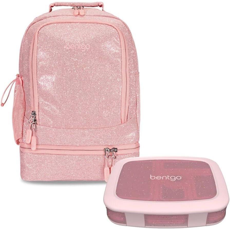 imageBentgo Kids 5Compartment Lunch Box With Kids 2in1 Backpack amp Insulated Lunch Bag Glitter Edition Petal Pink