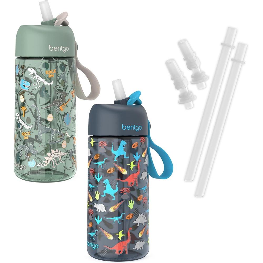 imageBentgo Kids Water Bottle 2Pack New amp Improved 2023 Set With 2Pack of Water Bottle Replacement Straws DinosaurDino Fossils