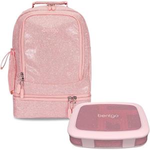 Bentgo® Kids 5-Compartment Lunch Box With Kids 2-in-1 Backpack & Insulated Lunch Bag (Glitter Edition – Petal Pink)