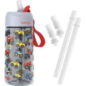 Bentgo® Kids Water Bottle – New & Improved 2023 Set With 2-Pack of Water Bottle Replacement Straws (Trucks)