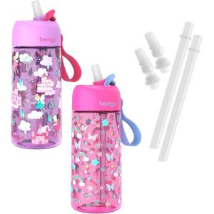 Bentgo® Kids Water Bottle 2-Pack – New & Improved 2023 Set With 2-Pack of Water Bottle Replacement Straws (Rainbows & Butterflies/Fairies)