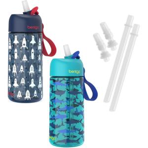 Bentgo® Kids Water Bottle 2-Pack – New & Improved 2023 Set With 2-Pack of Water Bottle Replacement Straws (Rocket/Shark)
