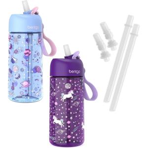 Bentgo® Kids Water Bottle 2-Pack – New & Improved 2023 Set With 2-Pack of Water Bottle Replacement Straws (Unicorn/Lavender Galaxy)