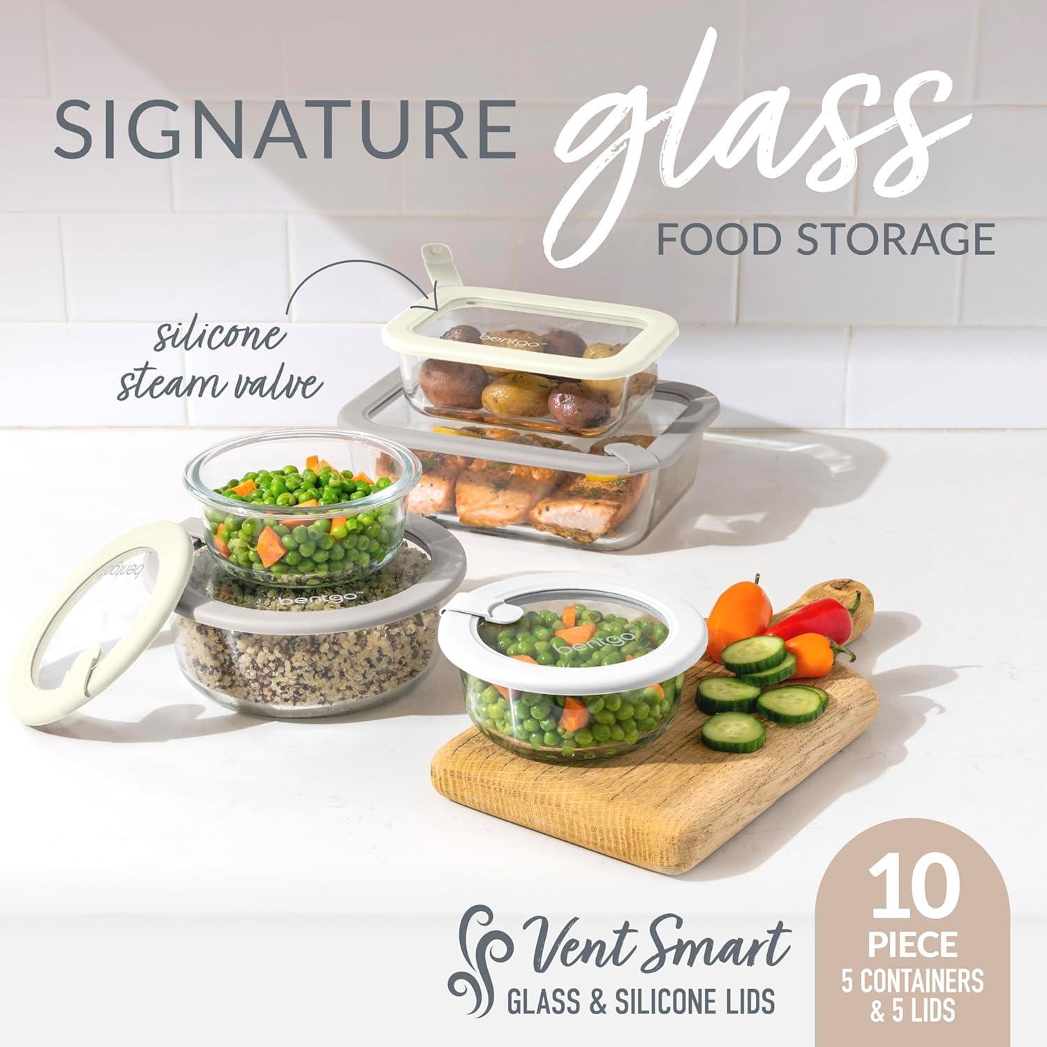 imageBentgo Signature LeakProof Glass Food Storage 10Piece Set 1Compartment PlasticFree Containers with Airtight Glass Lids BPAFree Microwave Freezer Oven amp Dishwasher Safe White Stone10Piece Set White Stone
