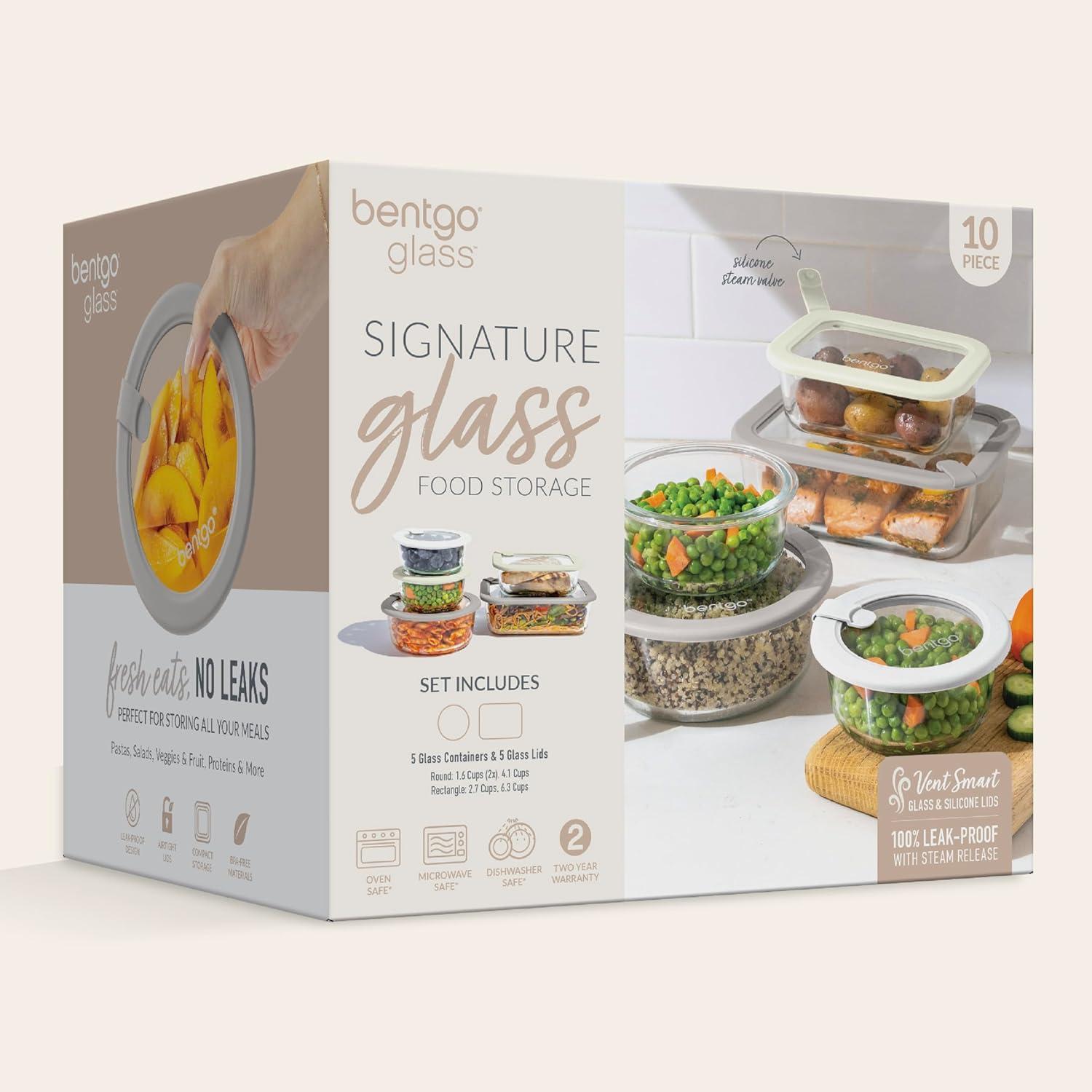 imageBentgo Signature LeakProof Glass Food Storage 10Piece Set 1Compartment PlasticFree Containers with Airtight Glass Lids BPAFree Microwave Freezer Oven amp Dishwasher Safe White Stone10Piece Set White Stone