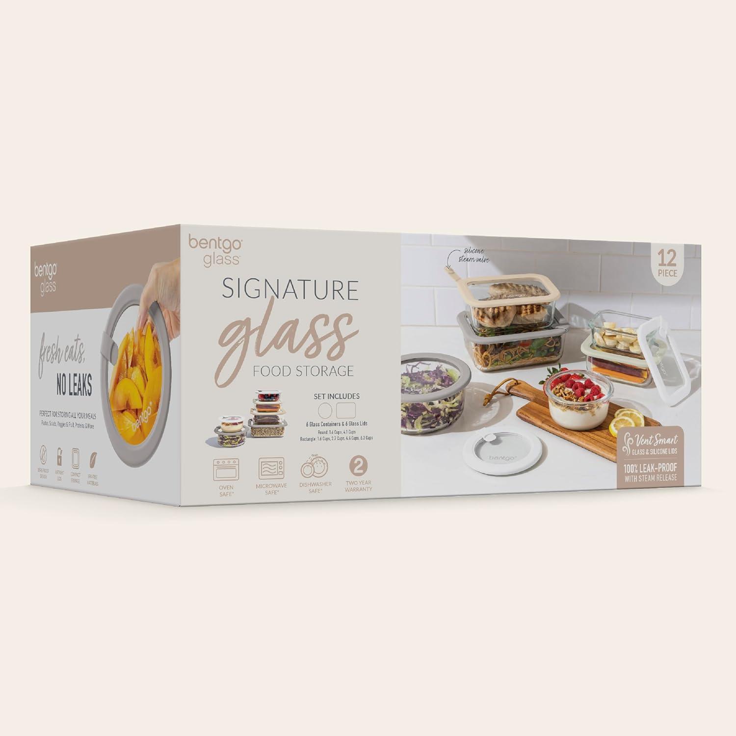 imageBentgo Signature LeakProof Glass Food Storage 12Piece Set 1Compartment PlasticFree Containers with Airtight Glass Lids BPAFree Microwave Freezer Oven amp Dishwasher Safe White StoneWhite Stone