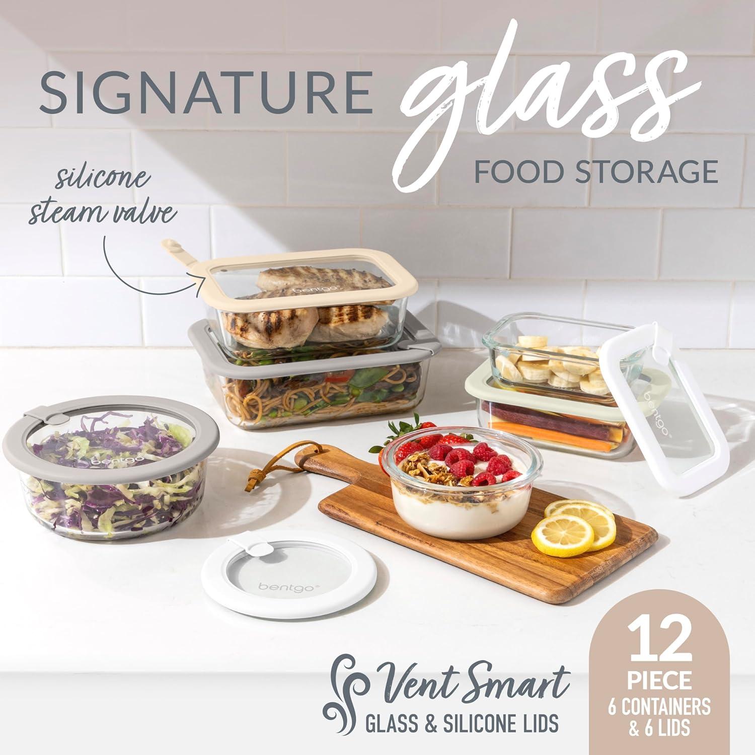 imageBentgo Signature LeakProof Glass Food Storage 12Piece Set 1Compartment PlasticFree Containers with Airtight Glass Lids BPAFree Microwave Freezer Oven amp Dishwasher Safe White StoneWhite Stone