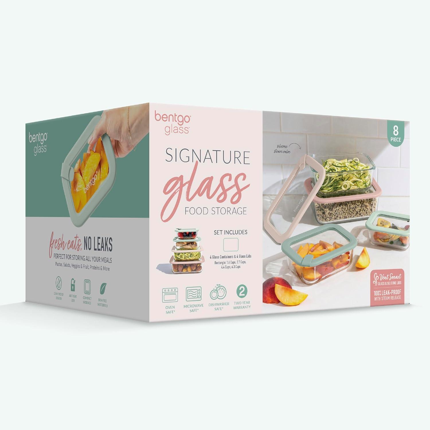 imageBentgo Signature LeakProof Glass Food Storage 8Piece Set 1Compartment PlasticFree Containers with Airtight Glass Lids BPAFree Microwave Freezer Oven amp Dishwasher Safe Desert SageDesert Sage