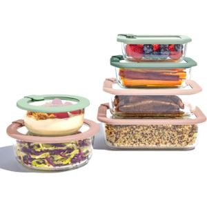 Bentgo Signature Leak-Proof Glass Food Storage – 12-Piece Set, 1-Compartment Plastic-Free Containers with Airtight Glass Lids, BPA-Free, Microwave, Freezer, Oven & Dishwasher Safe (White Stone)(Desert Sage)