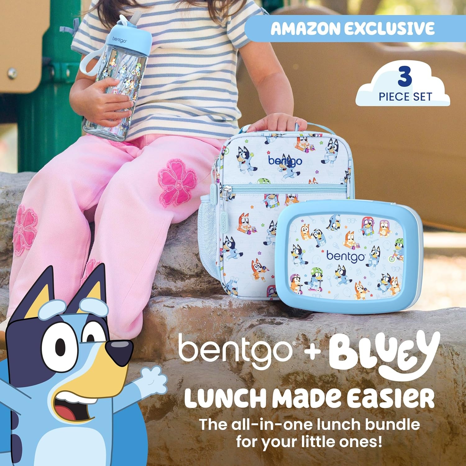 image:imageBentgo BLUEY 3Piece Lunchtime Trio Set LeakProof Kids Prints 5Compartment Bento Lunch Box Insulated Lightweight Tote Bag amp Durable Bite amp Sip Water Bottle Bundle for Age 3 Hearts amp CraftsPlay Day