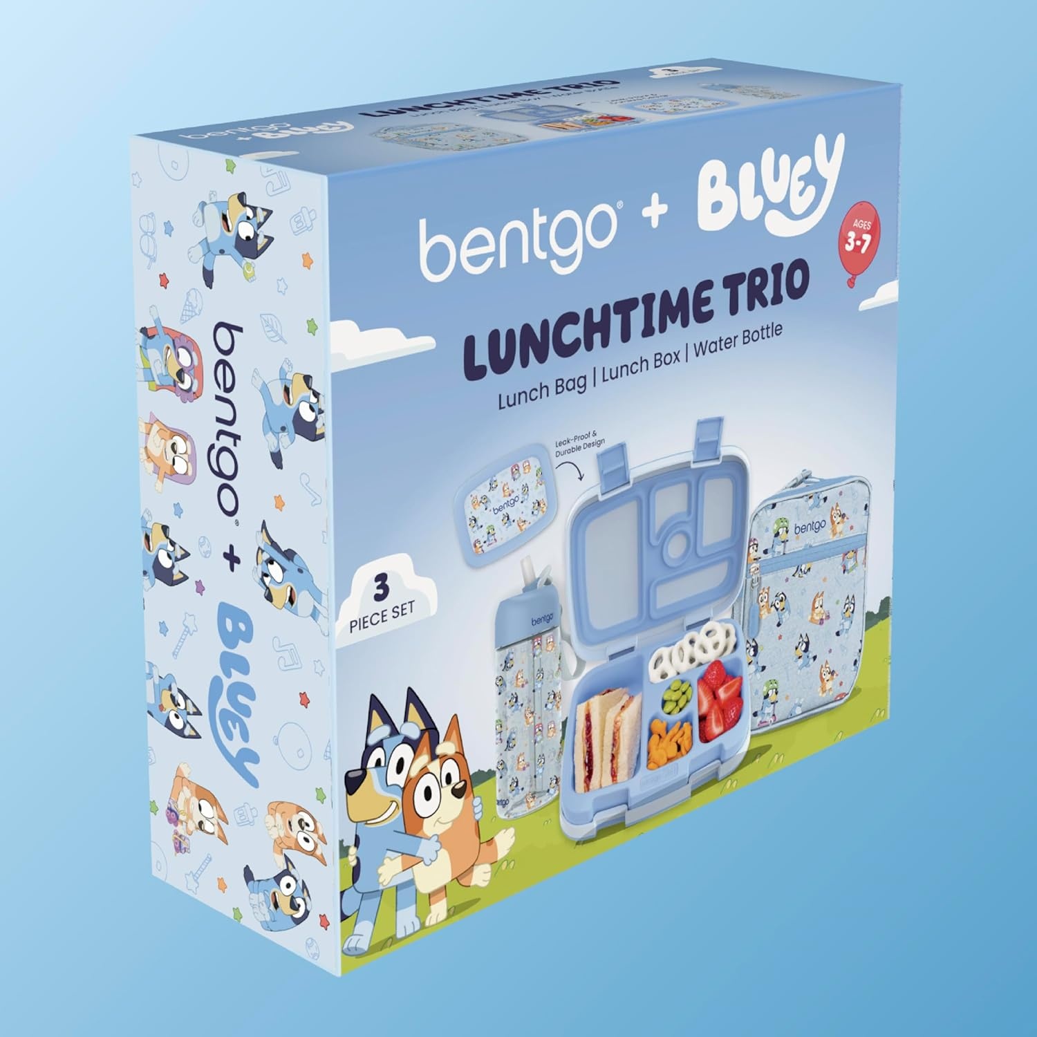 image:imageBentgo BLUEY 3Piece Lunchtime Trio Set LeakProof Kids Prints 5Compartment Bento Lunch Box Insulated Lightweight Tote Bag amp Durable Bite amp Sip Water Bottle Bundle for Age 3 Hearts amp CraftsPlay Day