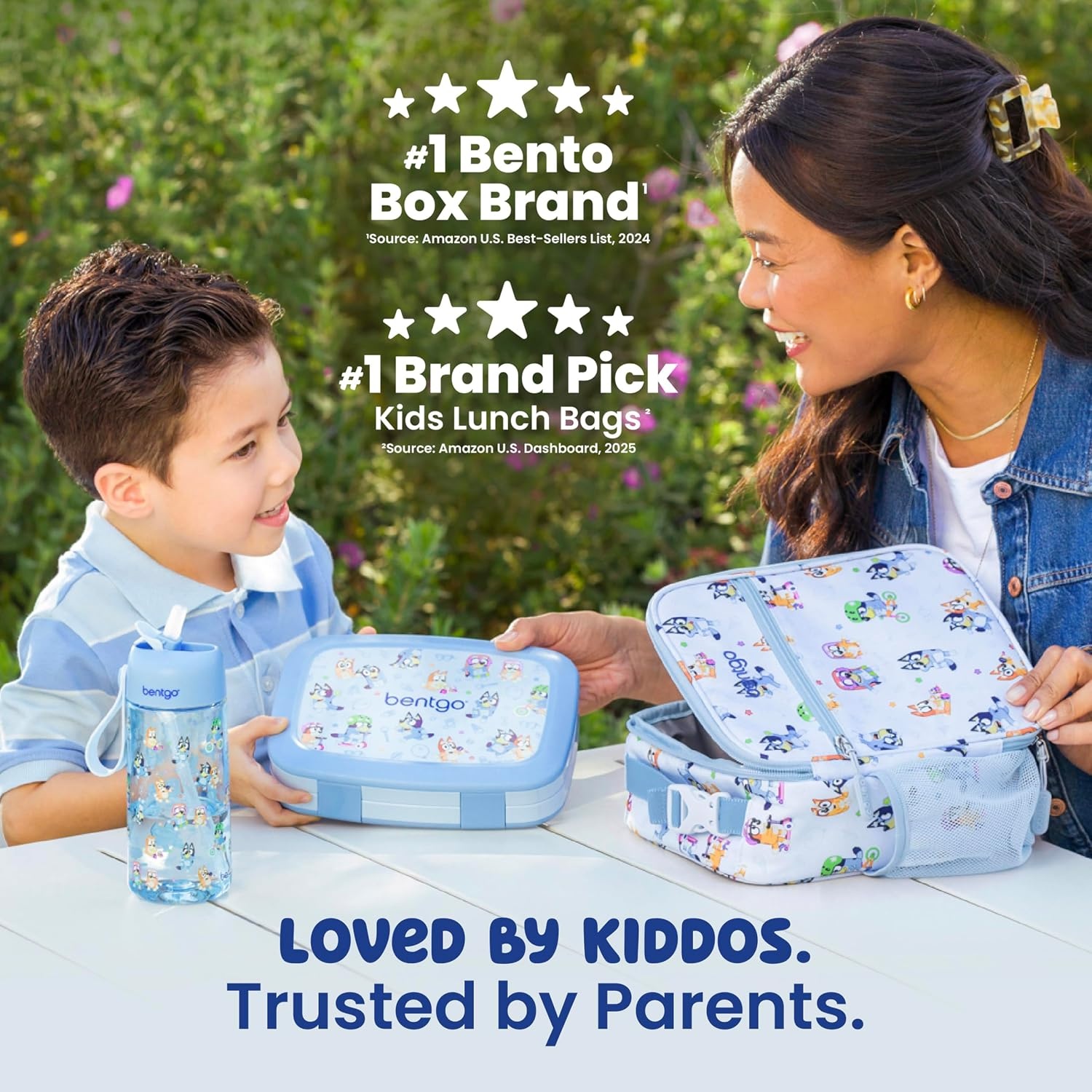 image:imageBentgo BLUEY 3Piece Lunchtime Trio Set LeakProof Kids Prints 5Compartment Bento Lunch Box Insulated Lightweight Tote Bag amp Durable Bite amp Sip Water Bottle Bundle for Age 3 Hearts amp CraftsPlay Day