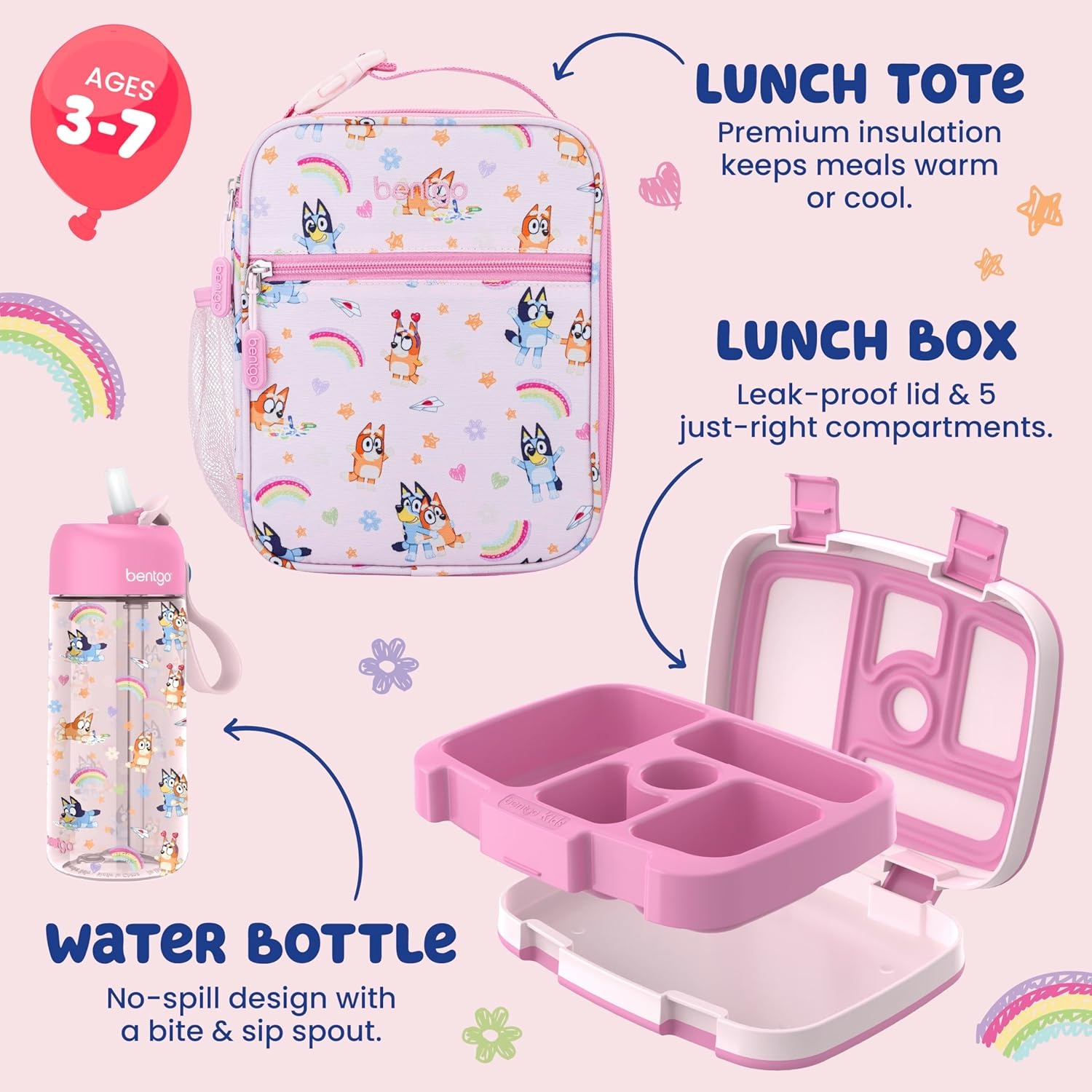 image:imageBentgo BLUEY 3Piece Lunchtime Trio Set LeakProof Kids Prints 5Compartment Bento Lunch Box Insulated Lightweight Tote Bag amp Durable Bite amp Sip Water Bottle Bundle for Age 3 Hearts amp CraftsHearts Crafts