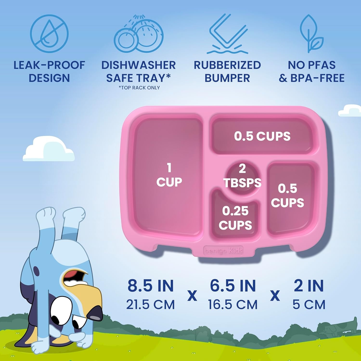 image:imageBentgo BLUEY 3Piece Lunchtime Trio Set LeakProof Kids Prints 5Compartment Bento Lunch Box Insulated Lightweight Tote Bag amp Durable Bite amp Sip Water Bottle Bundle for Age 3 Hearts amp CraftsHearts Crafts