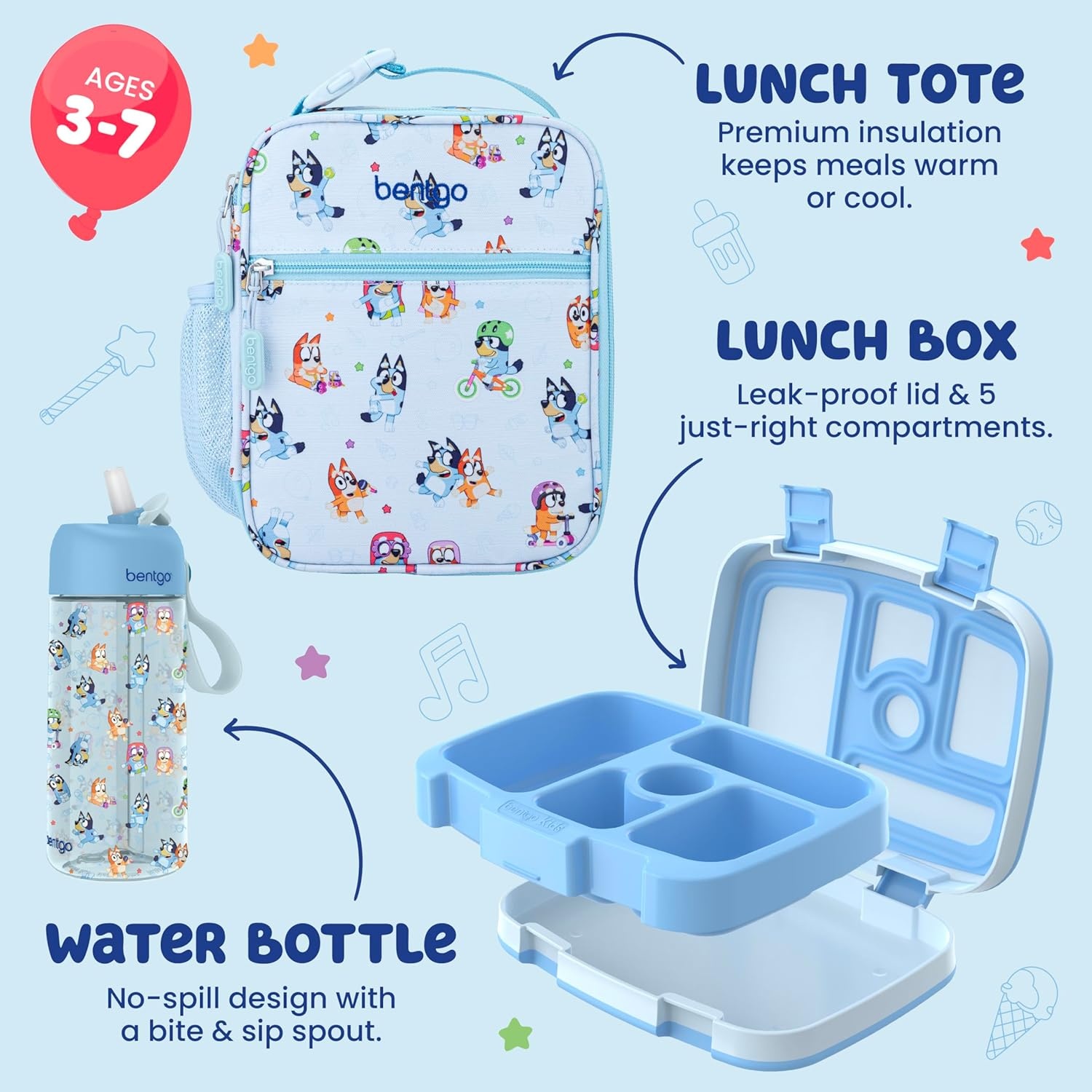 image:imageBentgo BLUEY 3Piece Lunchtime Trio Set LeakProof Kids Prints 5Compartment Bento Lunch Box Insulated Lightweight Tote Bag amp Durable Bite amp Sip Water Bottle Bundle for Age 3 Hearts amp CraftsPlay Day