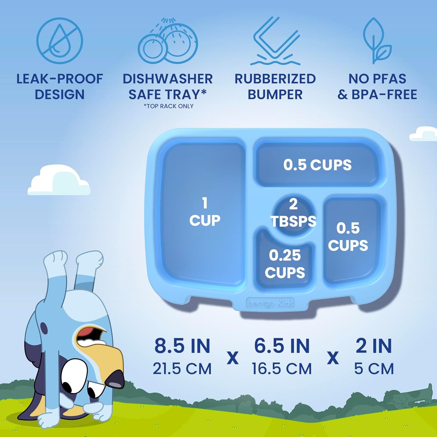 image:imageBentgo BLUEY 3Piece Lunchtime Trio Set LeakProof Kids Prints 5Compartment Bento Lunch Box Insulated Lightweight Tote Bag amp Durable Bite amp Sip Water Bottle Bundle for Age 3 Hearts amp CraftsPlay Day