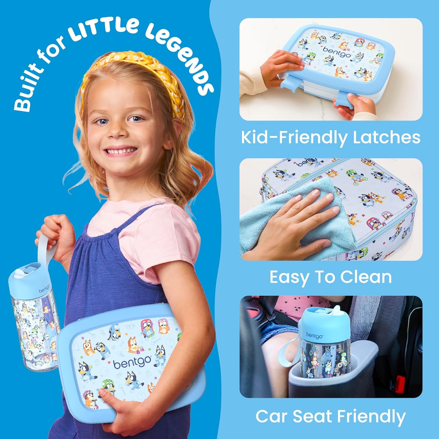 image:imageBentgo BLUEY 3Piece Lunchtime Trio Set LeakProof Kids Prints 5Compartment Bento Lunch Box Insulated Lightweight Tote Bag amp Durable Bite amp Sip Water Bottle Bundle for Age 3 Hearts amp CraftsPlay Day