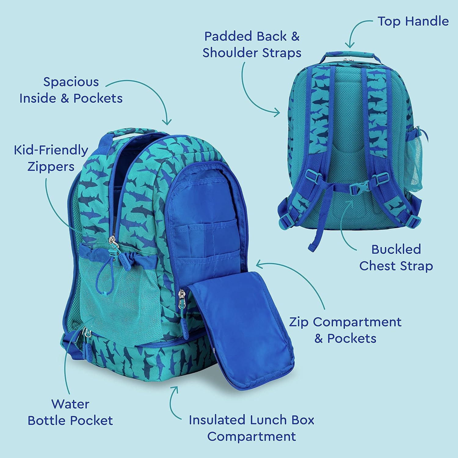 image:imageBentgo 2in1 Backpack amp Insulated Lunch Bag Set With Stainless Steel Water Bottle Sharks