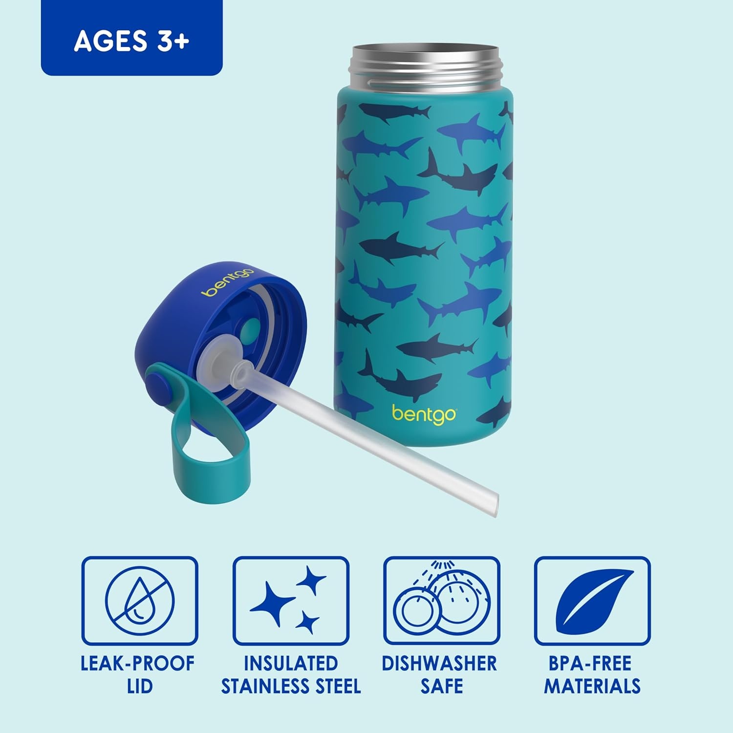 image:imageBentgo 2in1 Backpack amp Insulated Lunch Bag Set With Stainless Steel Water Bottle Sharks