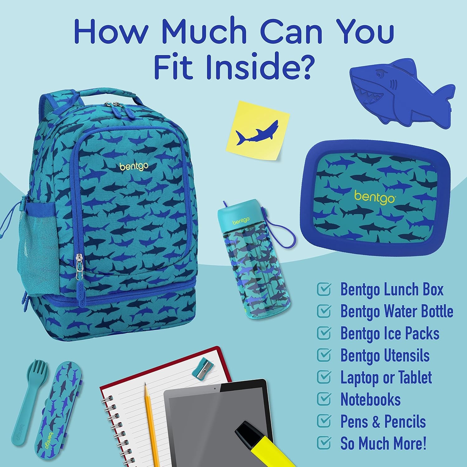 image:imageBentgo 2in1 Backpack amp Insulated Lunch Bag Set With Stainless Steel Water Bottle Sharks