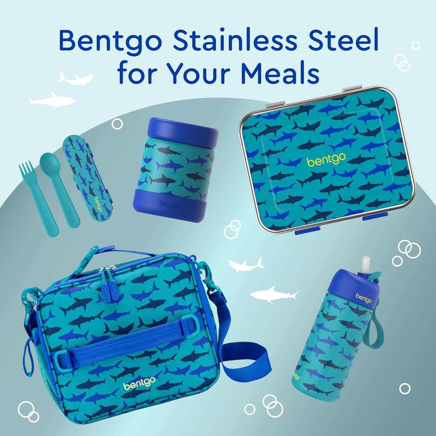 image:imageBentgo 2in1 Backpack amp Insulated Lunch Bag Set With Stainless Steel Water Bottle Sharks