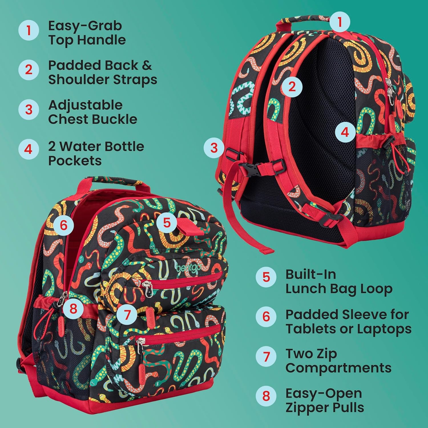 image:imageBentgo Kids Print Backpack Lightweight 14 Backpack for School Travel amp Daycare Ideal for Ages 4 Durable amp WaterResistant Roomy Interior amp Loop for Lunch Bag NEW Ballet amp BowsSssnakes