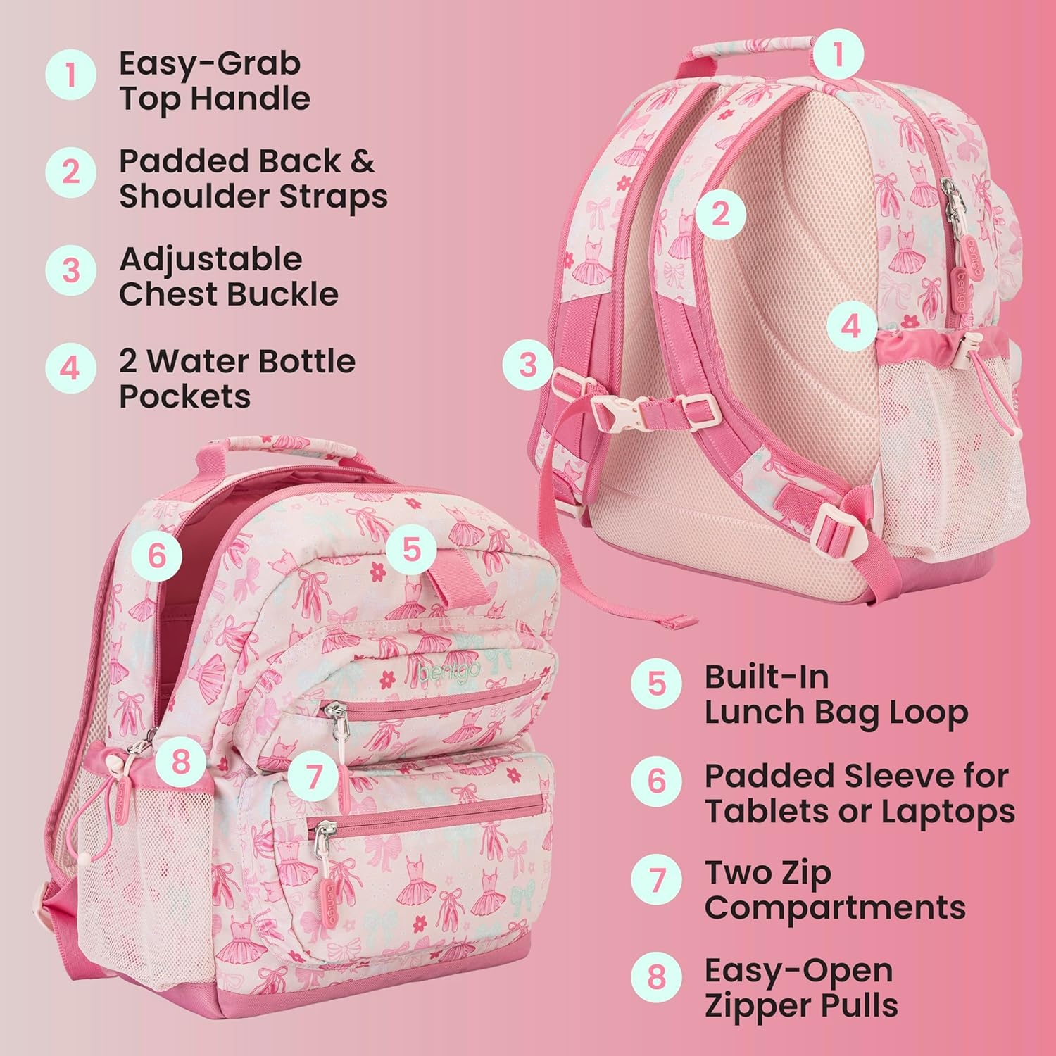 image:imageBentgo Kids Print Backpack Lightweight 14 Backpack for School Travel amp Daycare Ideal for Ages 4 Durable amp WaterResistant Roomy Interior amp Loop for Lunch Bag NEW Ballet amp BowsBallet Bows