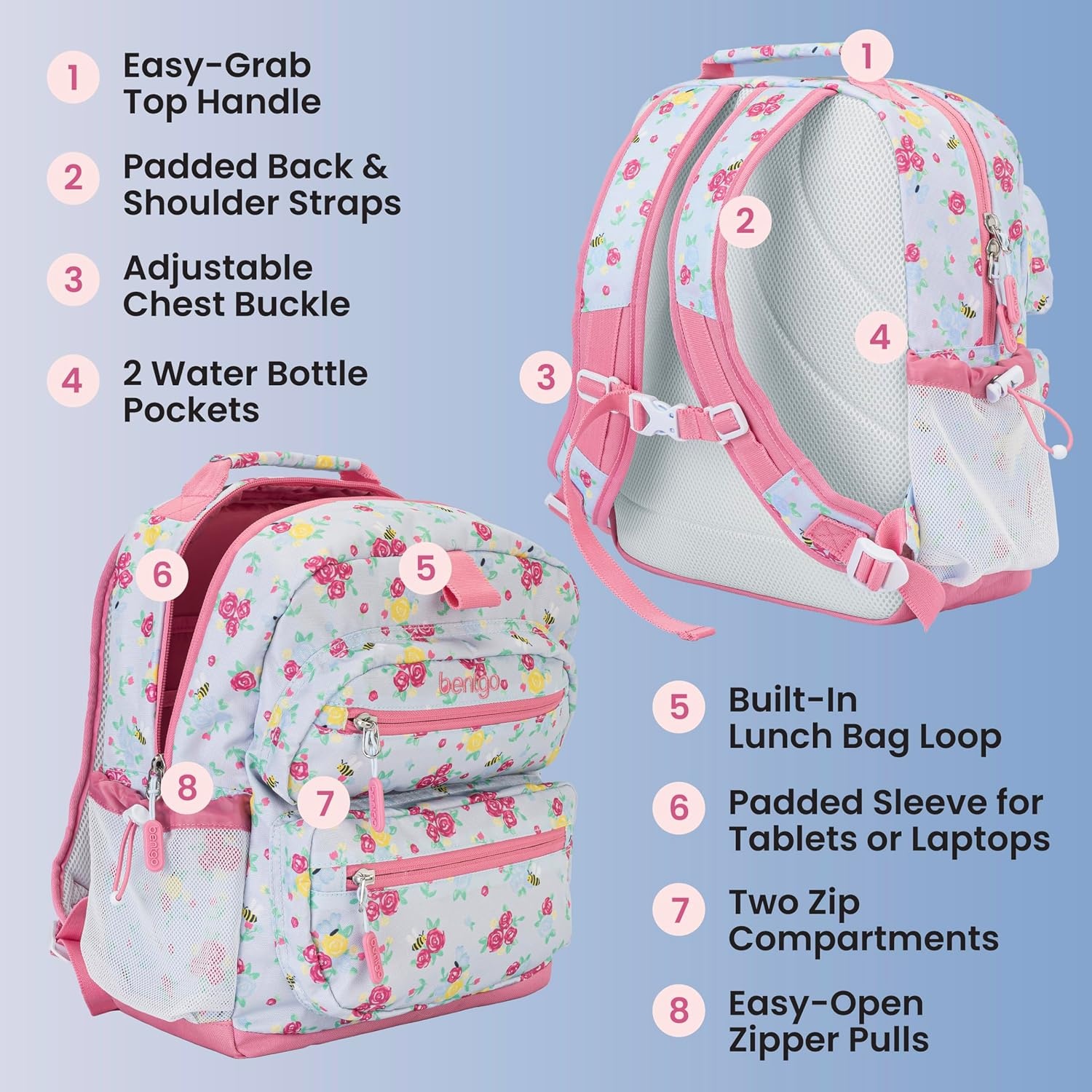 image:imageBentgo Kids Print Backpack Lightweight 14 Backpack for School Travel amp Daycare Ideal for Ages 4 Durable amp WaterResistant Roomy Interior amp Loop for Lunch Bag NEW Ballet amp BowsBlooming Floral