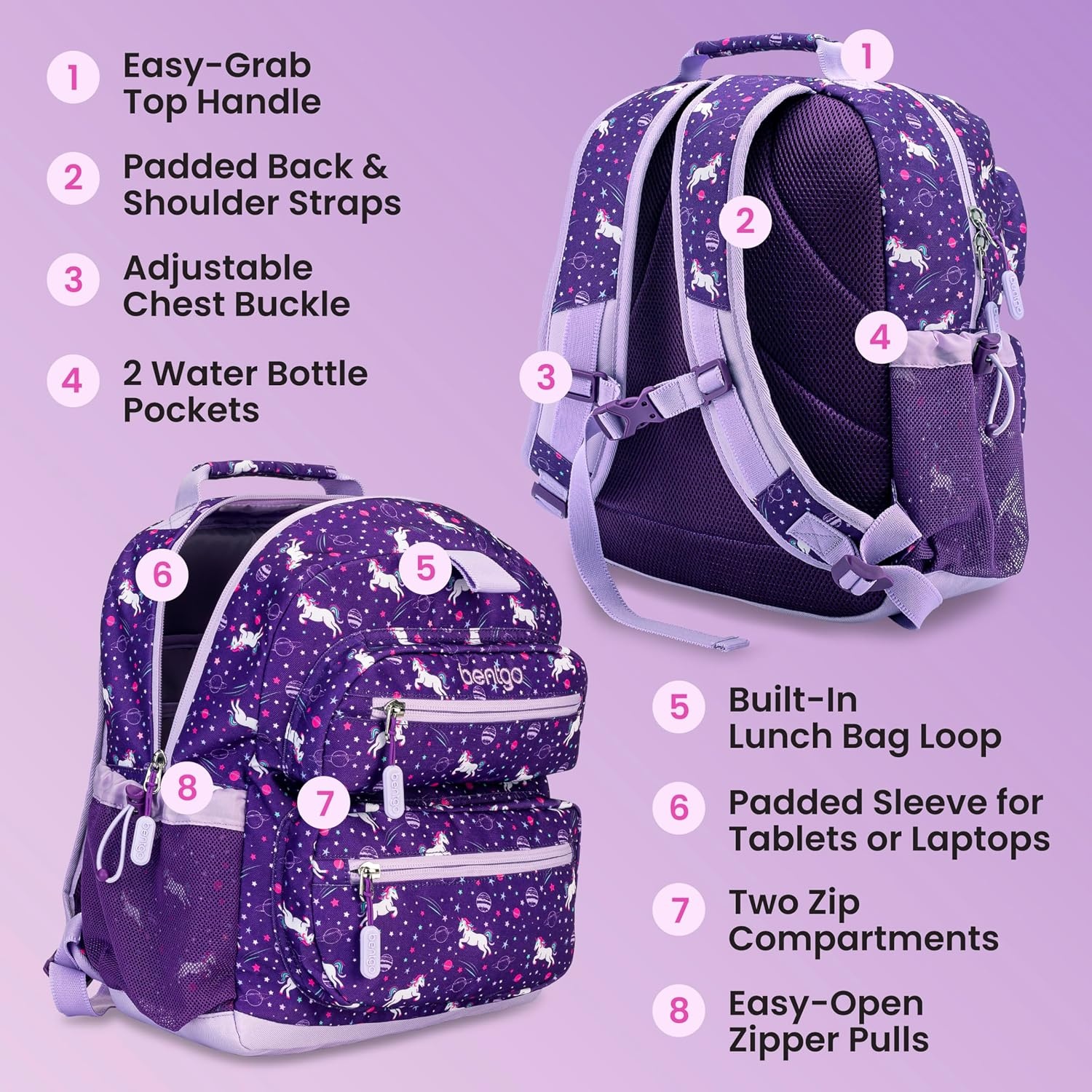 image:imageBentgo Kids Print Backpack Lightweight 14 Backpack for School Travel amp Daycare Ideal for Ages 4 Durable amp WaterResistant Roomy Interior amp Loop for Lunch Bag NEW Ballet amp BowsUnicorn