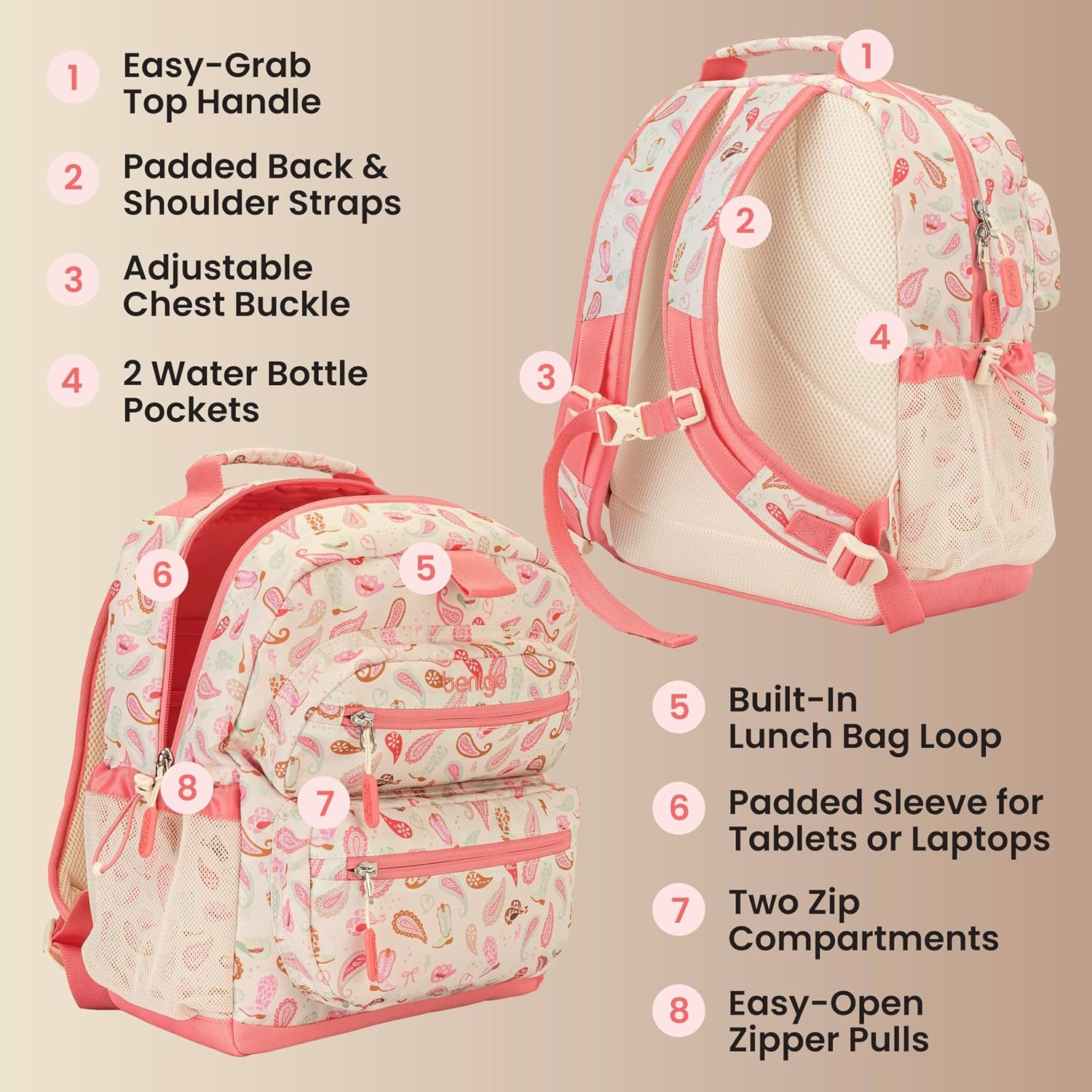 image:imageBentgo Kids Print Backpack Lightweight 14 Backpack for School Travel amp Daycare Ideal for Ages 4 Durable amp WaterResistant Roomy Interior amp Loop for Lunch Bag NEW Ballet amp BowsCowgirl Dreams