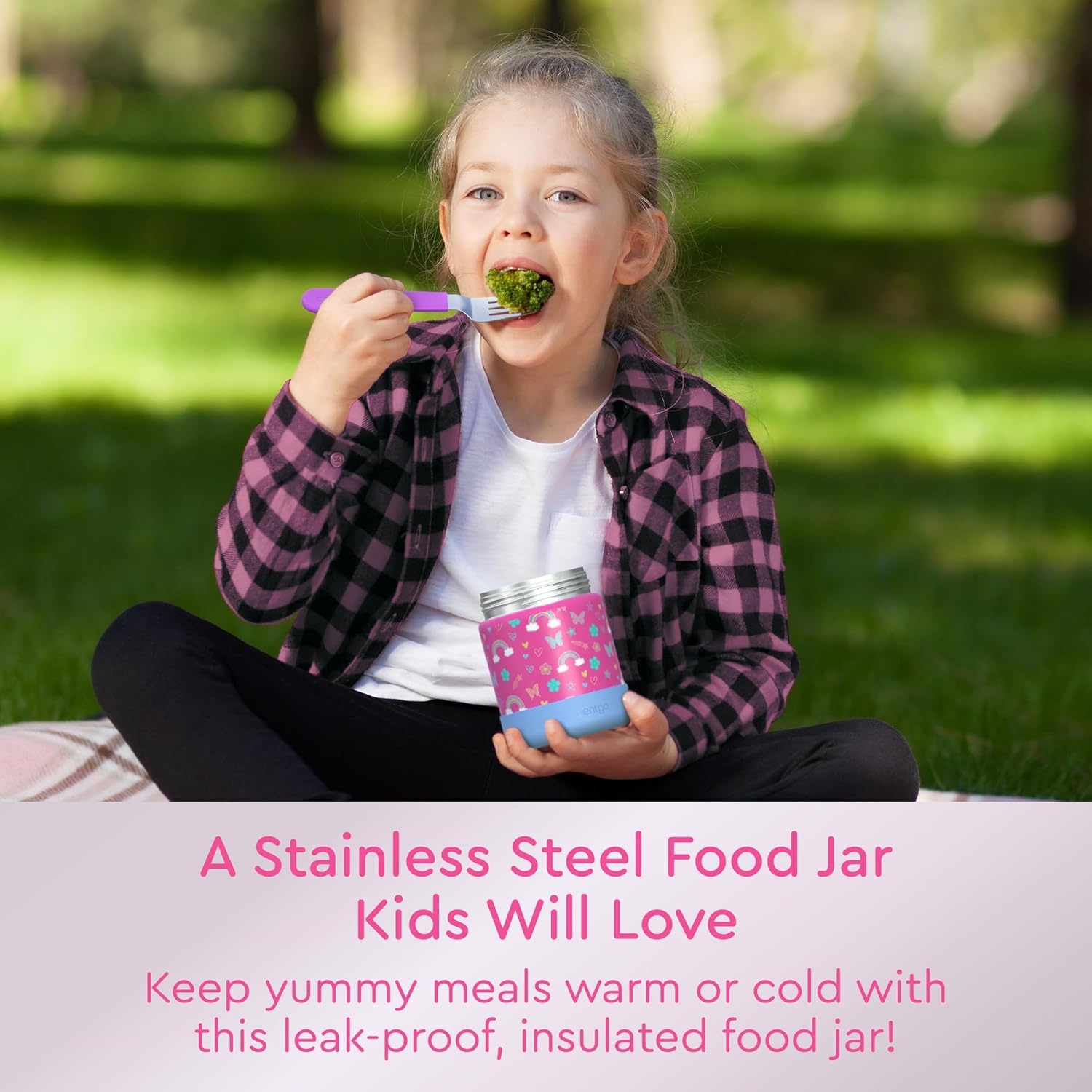 image:imageBentgo Kids Stainless Steel Food Jar and Reusable Plastic Utensils Set Rainbows amp Butterflies
