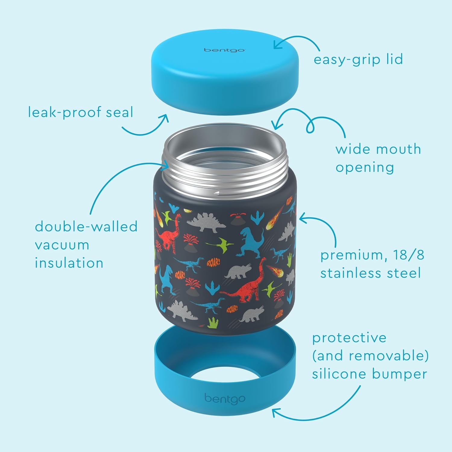 image:imageBentgo Kids Stainless Steel Food Jar and Reusable Stainless Steel Utensils Set Dinosaur