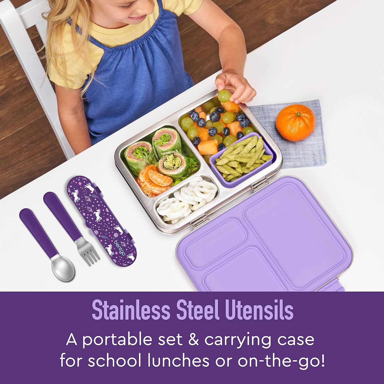 image:imageBentgo Kids Stainless Steel Food Jar and Reusable Stainless Steel Utensils Set Unicorn