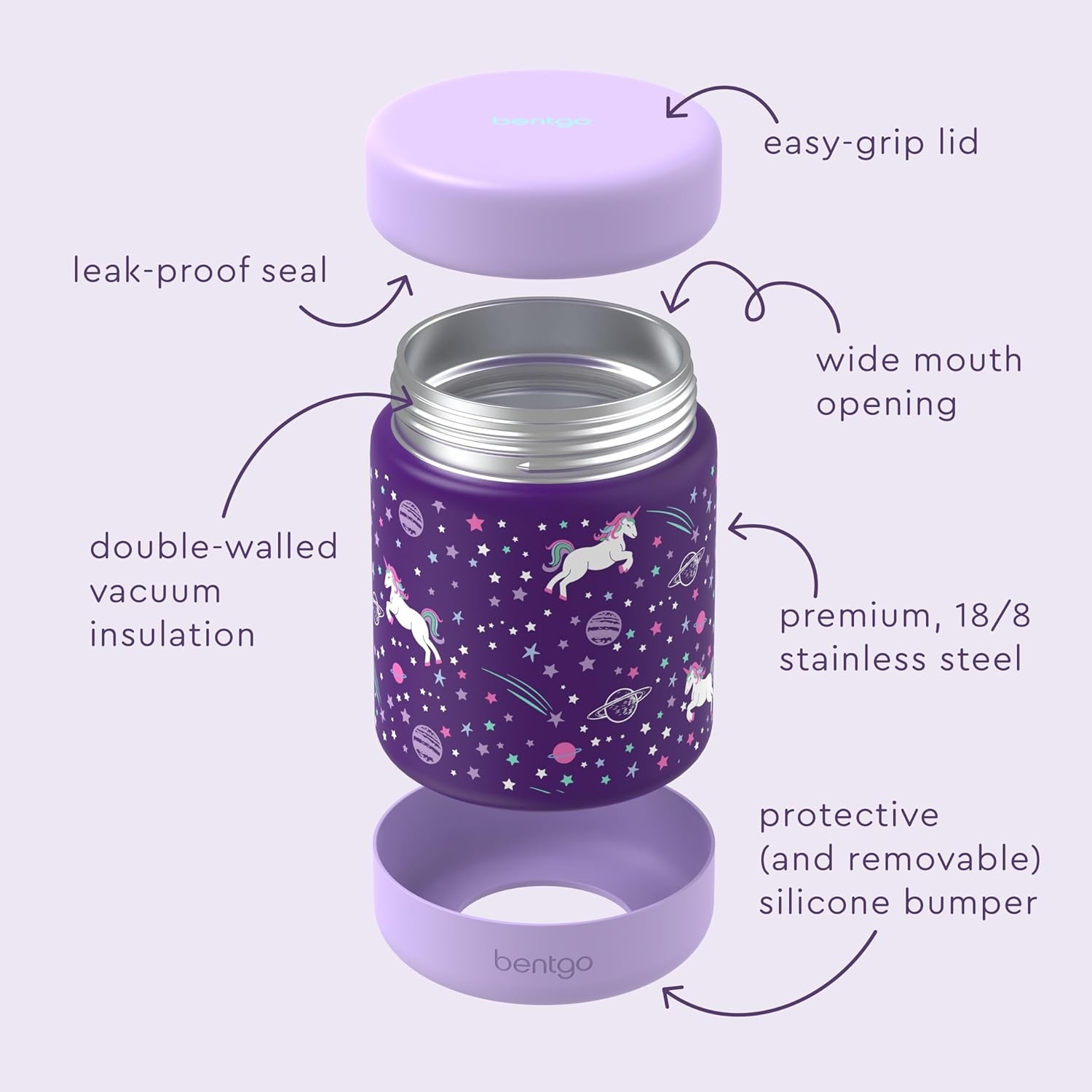 image:imageBentgo Kids Stainless Steel Food Jar and Reusable Stainless Steel Utensils Set Unicorn