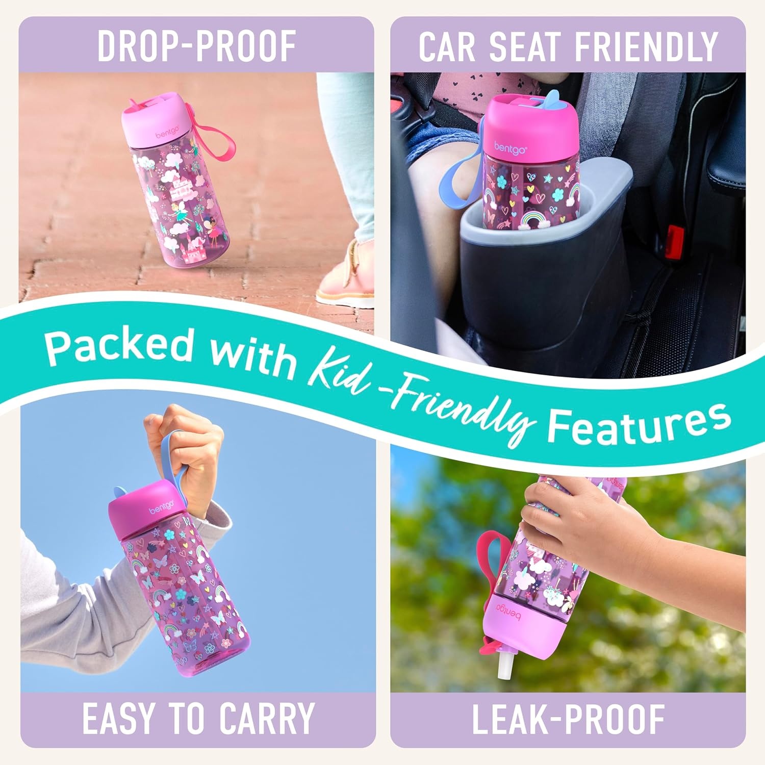 image:imageBentgo Kids Water Bottle LeakProof Durable Tritan PFAS amp BPAFree 15 fl oz KidsToddlers Ages 3 for School amp Sports Bite amp Sip Spout Carrying Handle Dishwasher Safe NEW Ballet amp BowsRainbows and Butterflies Fairies