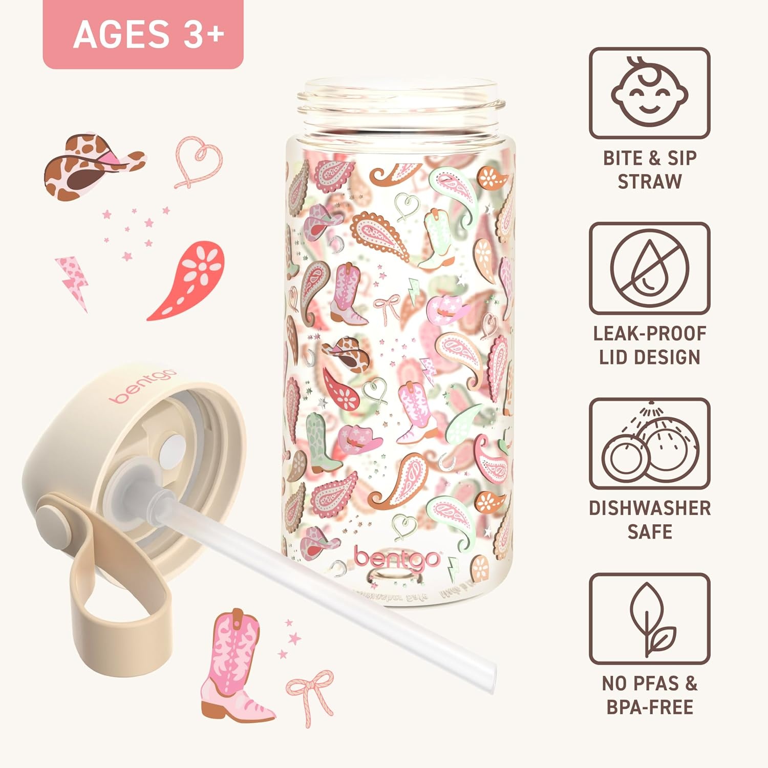 image:imageBentgo Kids Water Bottle LeakProof Durable Tritan PFAS amp BPAFree 15 fl oz KidsToddlers Ages 3 for School amp Sports Bite amp Sip Spout Carrying Handle Dishwasher Safe NEW Ballet amp BowsCowgirl Dreams