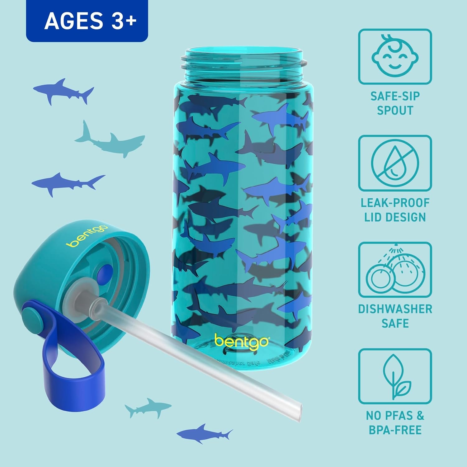 image:imageBentgo Kids Water Bottle LeakProof Durable Tritan PFAS amp BPAFree 15 fl oz KidsToddlers Ages 3 for School amp Sports Bite amp Sip Spout Carrying Handle Dishwasher Safe NEW Ballet amp BowsShark
