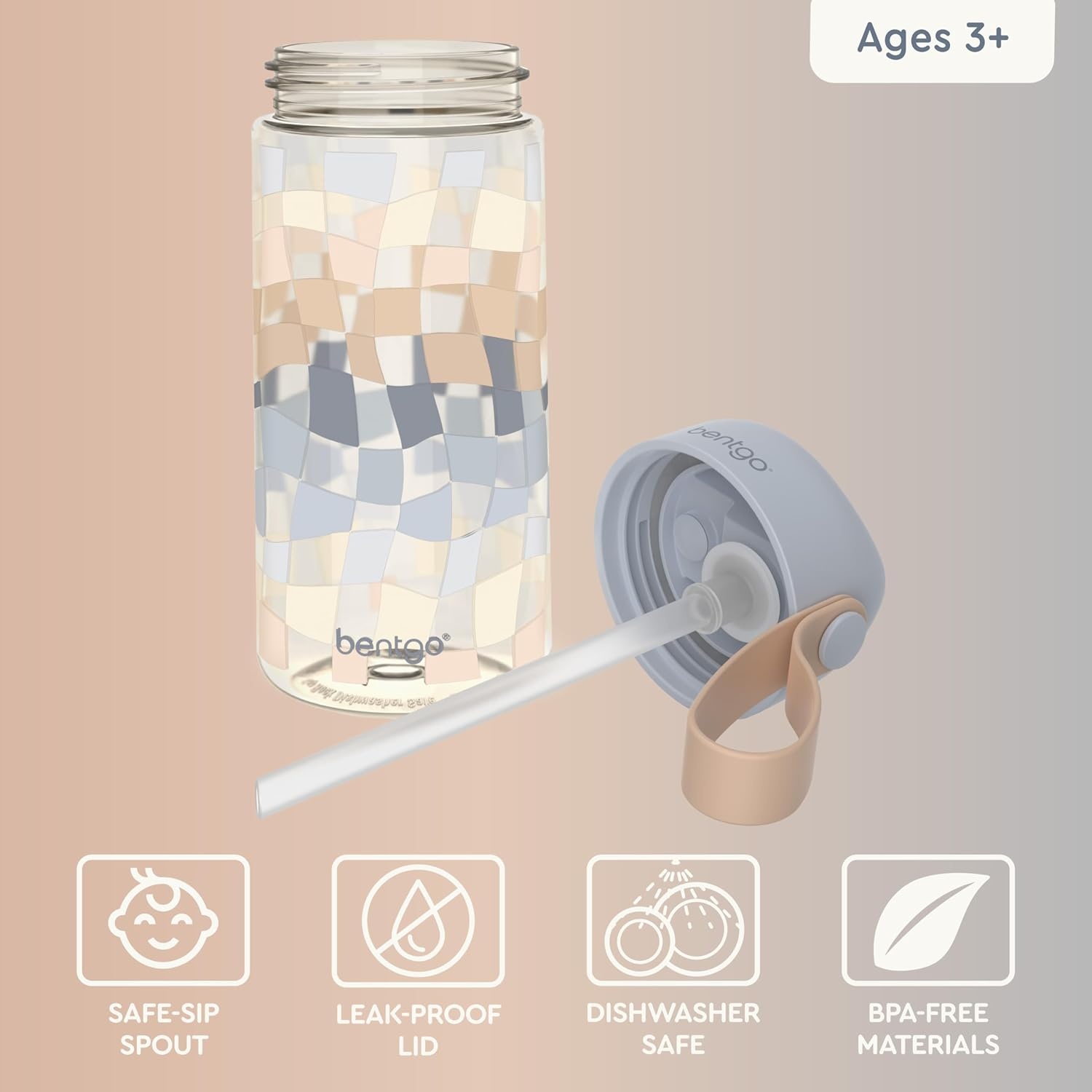 image:imageBentgo Kids Water Bottle and Replacement Straws Set Checker Gradient