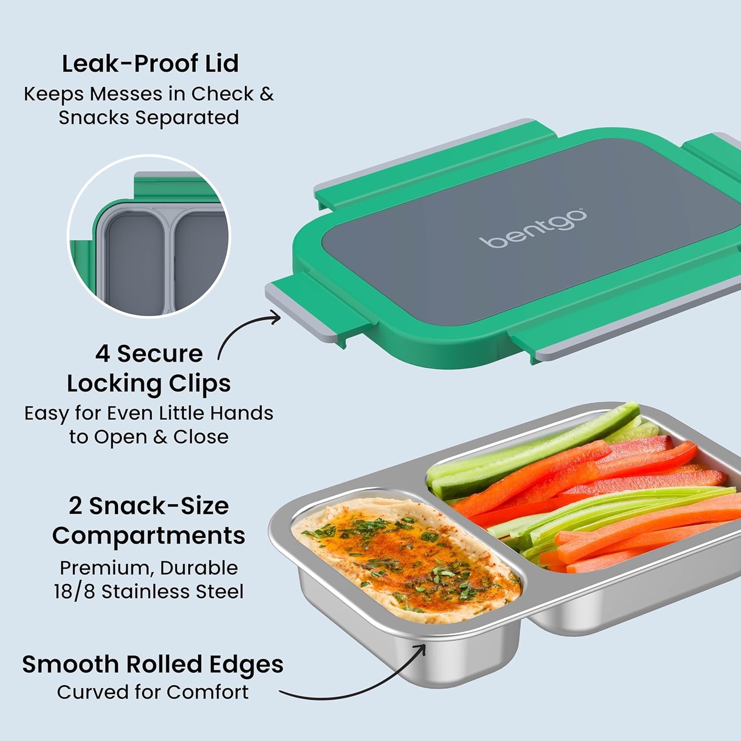 image:imageBentgo Stainless Steel Snack Box LeakProof 2 Compartments 2Cup Capacity Ideal for Kids 3 Teens amp Adults Durable Reusable LilacGray Leaf