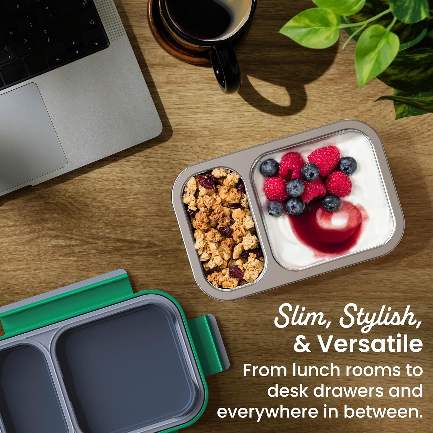 image:imageBentgo Stainless Steel Snack Box LeakProof 2 Compartments 2Cup Capacity Ideal for Kids 3 Teens amp Adults Durable Reusable LilacGray Leaf